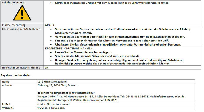 Warnhinweis für das Wanger Linder Super Edge 8 Worker Messer