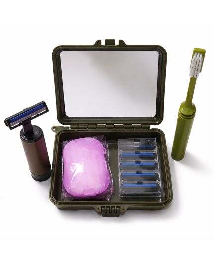 Kompaktes Travel Rasier- und Zahnb&uuml;rsten Set in wasserdichter Box mit Spiegel und Seife
