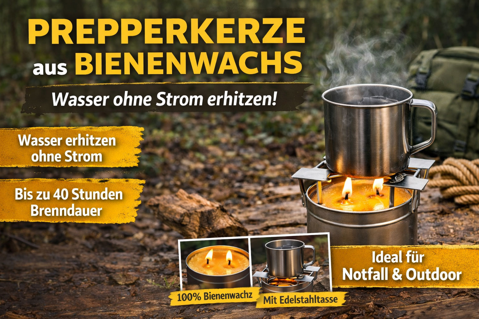 Notfallkerze aus Bienenwachs – perfekt für Fluchtrucksack & Outdoor